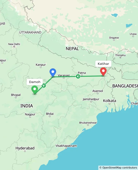 Route map showing distance and travel time from Damoh, India to Katihar, India