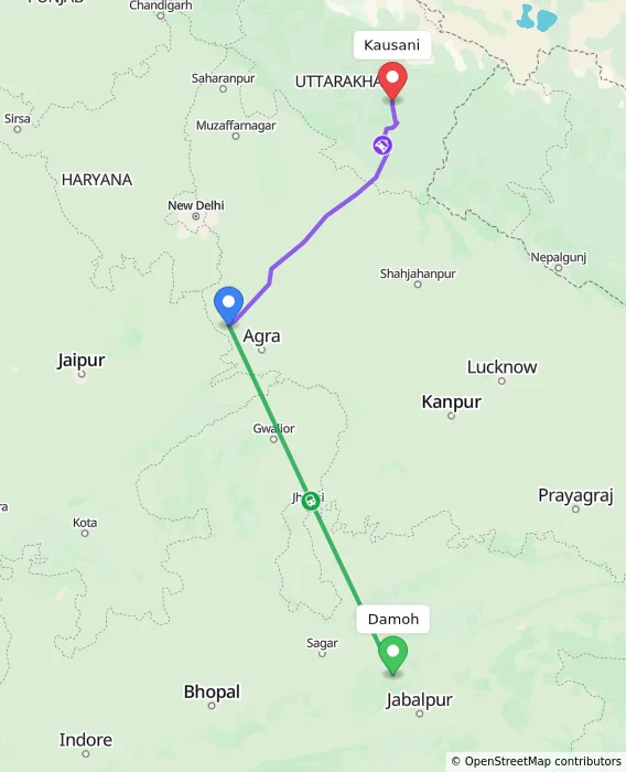 Route map showing distance and travel time from Damoh, India to Kausani, India