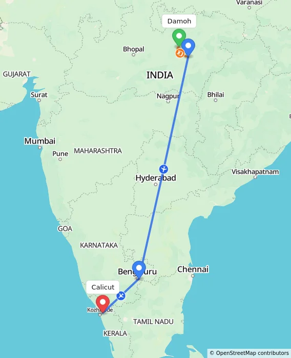 Route map showing distance and travel time from Damoh, India to Kozhikode, India