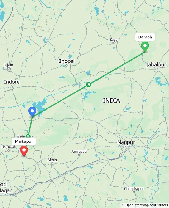 Route map showing distance and travel time from Damoh, India to Malkapur, India