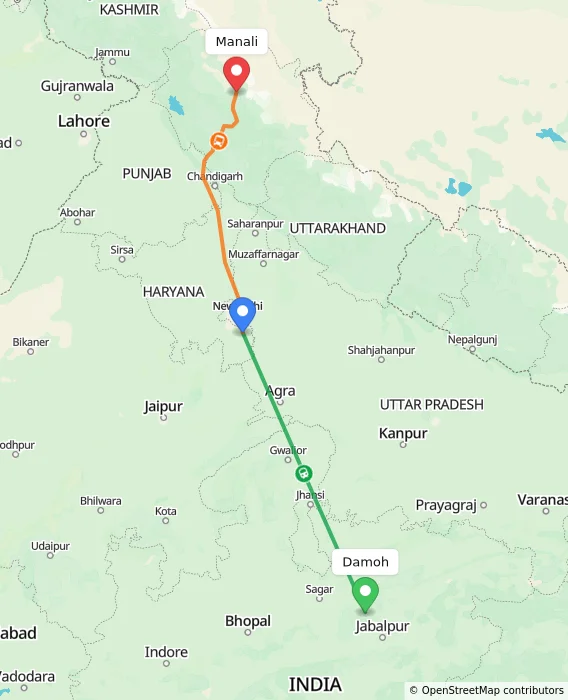Route map showing distance and travel time from Damoh, India to Manali, India
