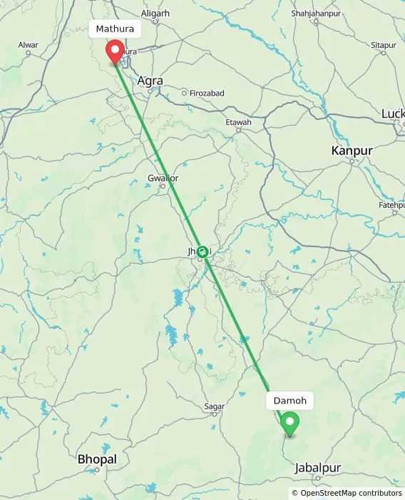 Route map showing distance and travel time from Damoh, India to Mathura, India