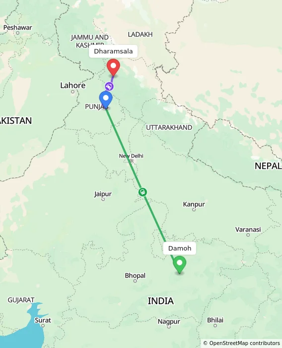 Route map showing distance and travel time from Damoh, India to Dharamsala, India