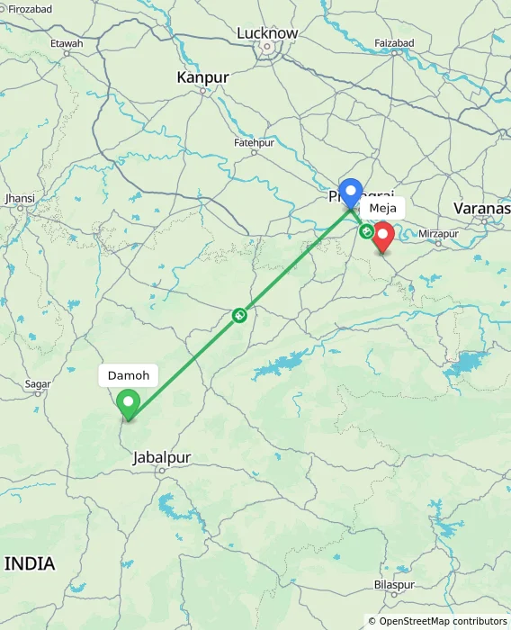 Route map showing distance and travel time from Damoh, India to Meja, India