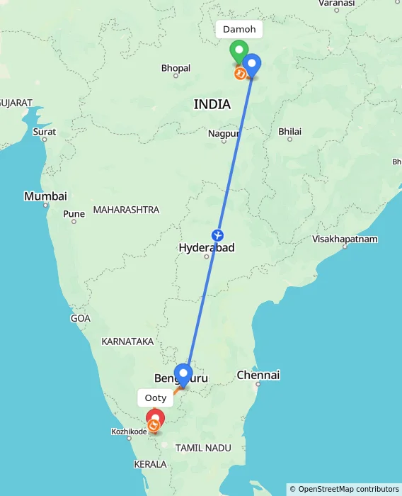Route map showing distance and travel time from Damoh, India to Ooty, India