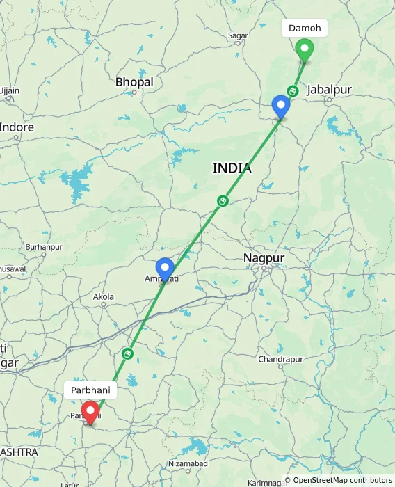 Route map showing distance and travel time from Damoh, India to Parbhani, India