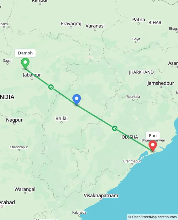 Route map showing distance and travel time from Damoh, India to Puri, India