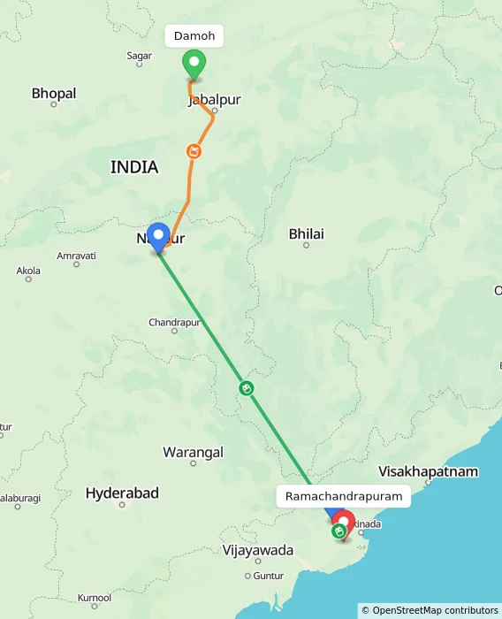 Route map showing distance and travel time from Damoh, India to Ramachandrapuram, India