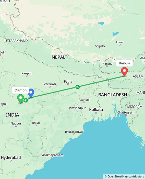 Route map showing distance and travel time from Damoh, India to Rangia, India