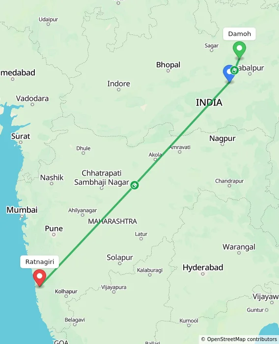 Route map showing distance and travel time from Damoh, India to Ratnagiri, India