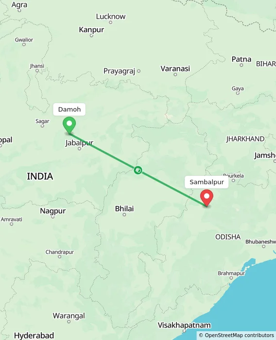 Route map showing distance and travel time from Damoh, India to Sambalpur, India