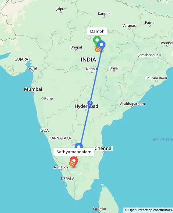 Route map showing distance and travel time from Damoh, India to Sathyamangalam, India