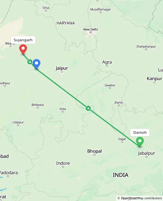 Route map showing distance and travel time from Damoh, India to Sujangarh, India