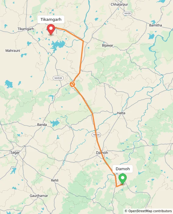 Route map showing distance and travel time from Damoh, India to Tikamgarh, India