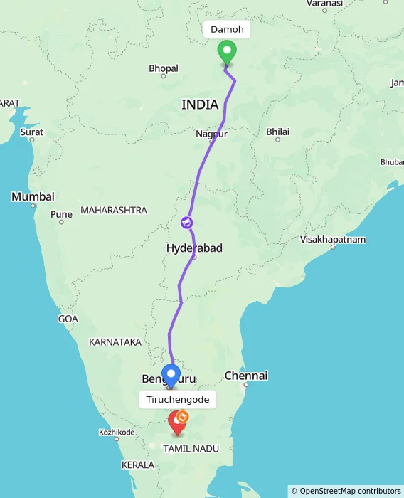 Route map showing distance and travel time from Damoh, India to Tiruchengode, India