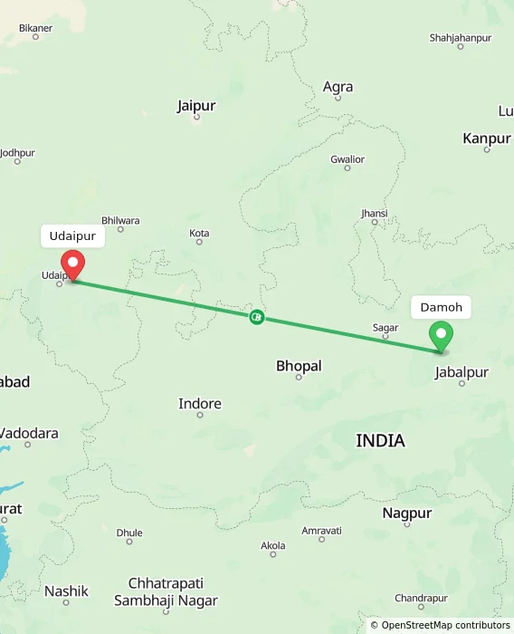 Route map showing distance and travel time from Damoh, India to Udaipur, India