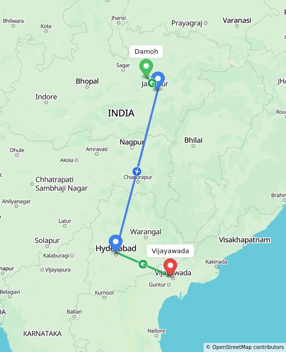 Route map showing distance and travel time from Damoh, India to Vijayawada, India