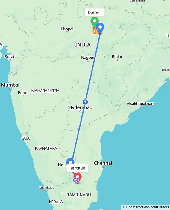 Route map showing distance and travel time from Damoh, India to Yercaud, India