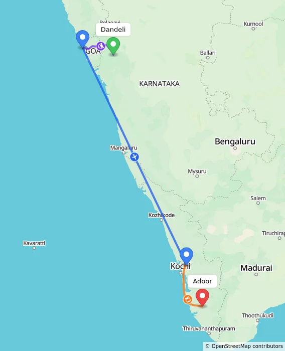 Route map showing distance and travel time from Dandeli, India to Adoor, India