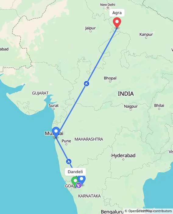 Route map showing distance and travel time from Dandeli, India to Agra, India