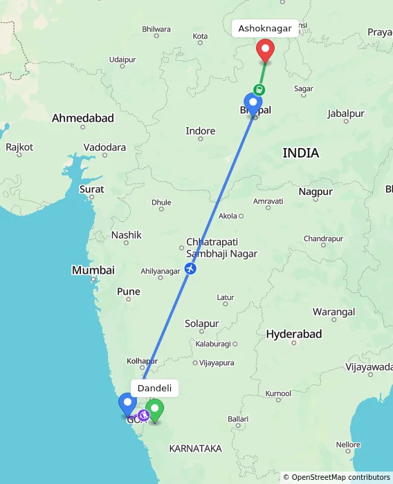 Route map showing distance and travel time from Dandeli, India to Ashoknagar, India