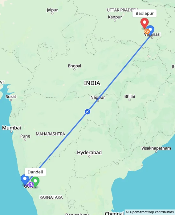 Route map showing distance and travel time from Dandeli, India to Badlapur, India
