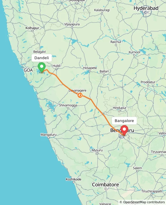 Route map showing distance and travel time from Dandeli, India to Bangalore, India