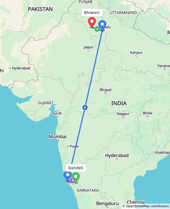 Route map showing distance and travel time from Dandeli, India to Bhiwani, India