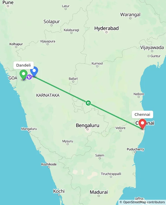Route map showing distance and travel time from Dandeli, India to Chennai, India