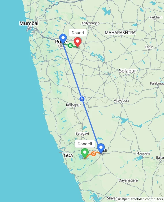 Route map showing distance and travel time from Dandeli, India to Daund, India