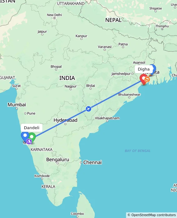 Route map showing distance and travel time from Dandeli, India to Digha, India