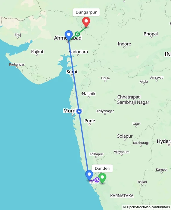 Route map showing distance and travel time from Dandeli, India to Dungarpur, India