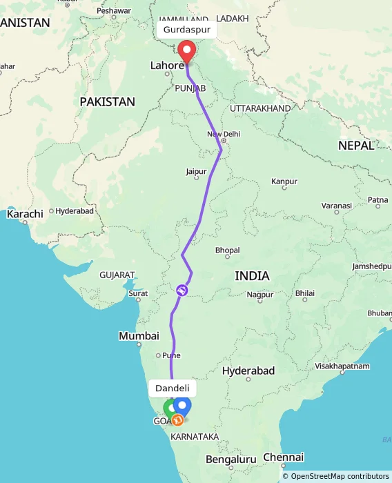 Route map showing distance and travel time from Dandeli, India to Gurdaspur, India