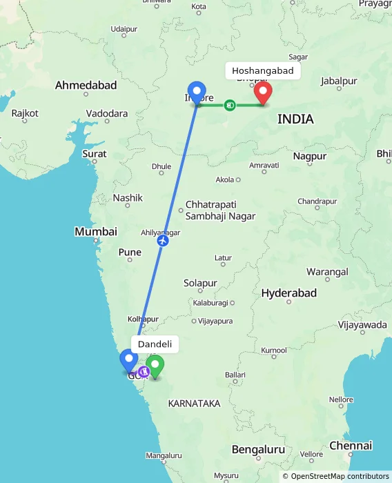 Route map showing distance and travel time from Dandeli, India to Hoshangabad, India