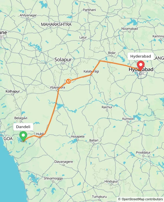 Route map showing distance and travel time from Dandeli, India to Hyderabad, India