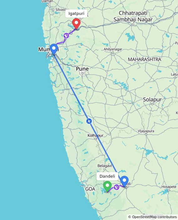Route map showing distance and travel time from Dandeli, India to Igatpuri, India