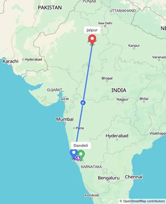 Route map showing distance and travel time from Dandeli, India to Jaipur, India