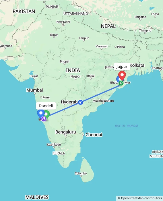 Route map showing distance and travel time from Dandeli, India to Jajpur, India