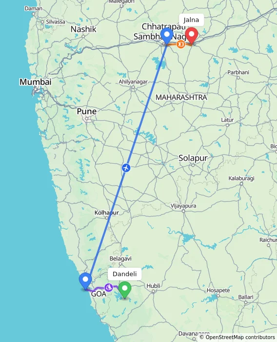 Route map showing distance and travel time from Dandeli, India to Jalna, India