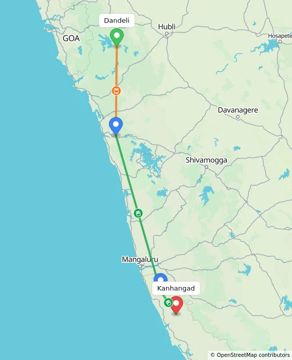 Route map showing distance and travel time from Dandeli, India to Kanhangad, India