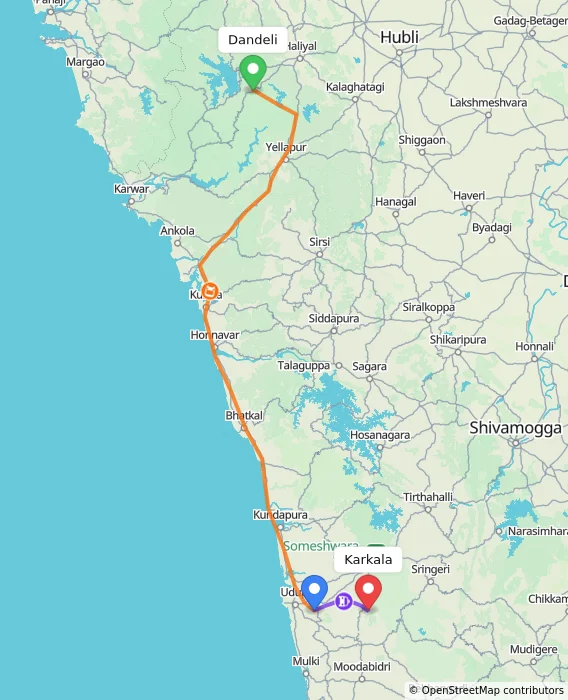 Route map showing distance and travel time from Dandeli, India to Karkala, India