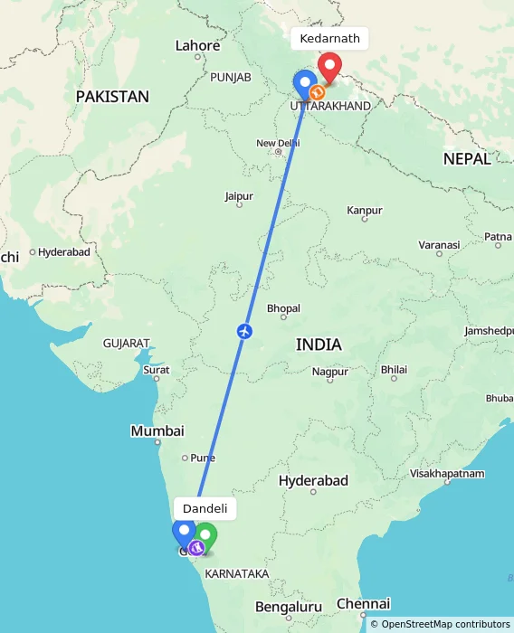 Route map showing distance and travel time from Dandeli, India to Kedarnath, India