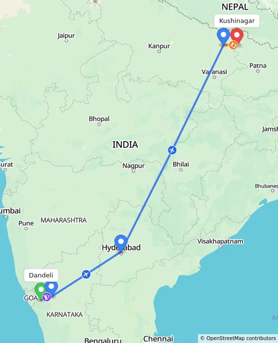 Route map showing distance and travel time from Dandeli, India to Kushinagar, India