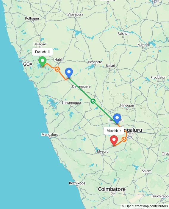 Route map showing distance and travel time from Dandeli, India to Maddur, India
