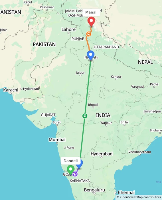Route map showing distance and travel time from Dandeli, India to Manali, India