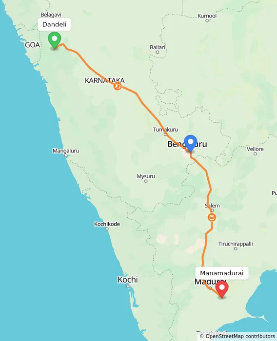 Route map showing distance and travel time from Dandeli, India to Manamadurai, India