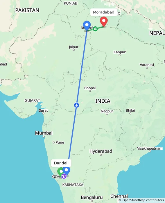 Route map showing distance and travel time from Dandeli, India to Moradabad, India