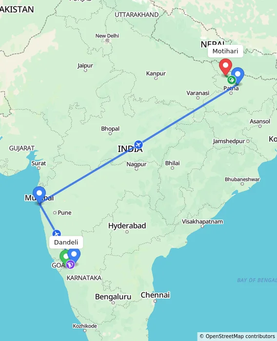 Route map showing distance and travel time from Dandeli, India to Motihari, India