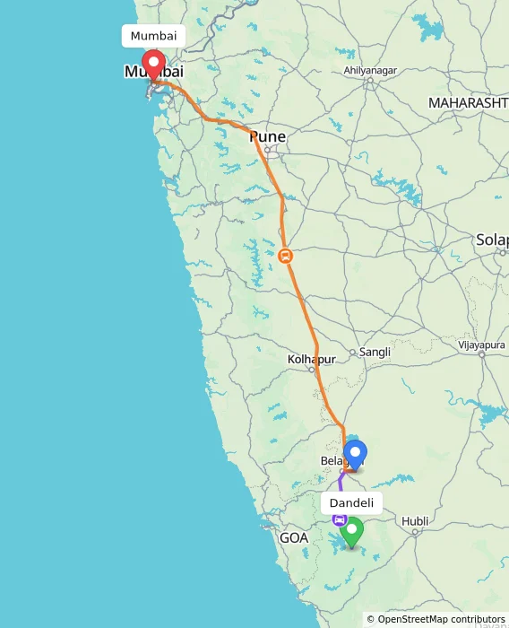 Route map showing distance and travel time from Dandeli, India to Mumbai, India