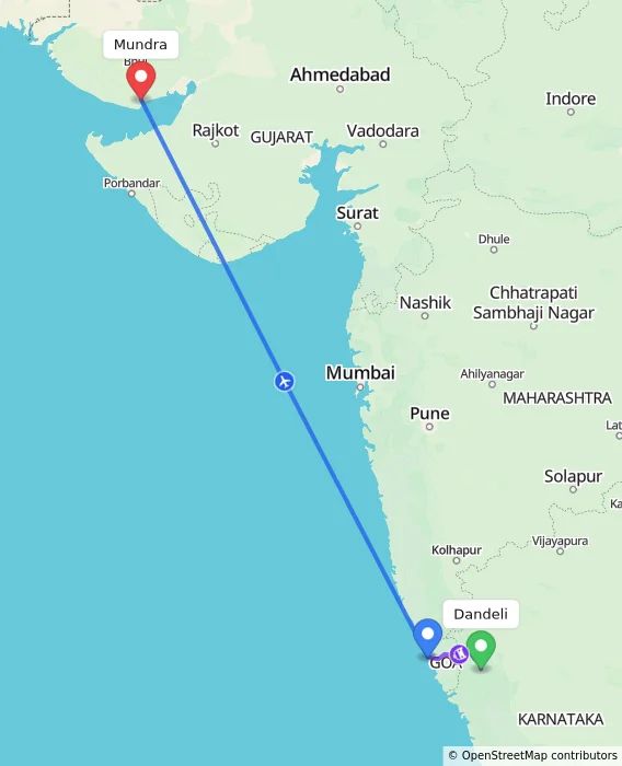 Route map showing distance and travel time from Dandeli, India to Mundra, India